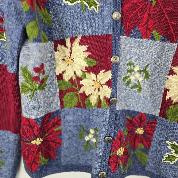 Northern Isles Vintage Christmas Holiday Poinsettia Patchwork Cardigan Size M - Picture 5 of 11